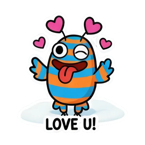 Loving monster with heart antennae, text LOVE U! Striped Monster Winter Fun sticker for expressive chats and social replies.