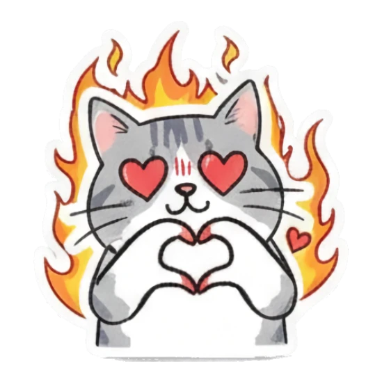 Loving gray cat making a heart shape with fire background and text Playful Gray Tabby Diary sticker for expressive chats and social replies.