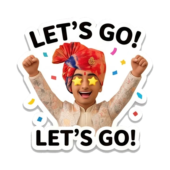 Young Indian boy cheering with arms up in a let's go expression. Indian Prince Expressions sticker for expressive chats and social replies.