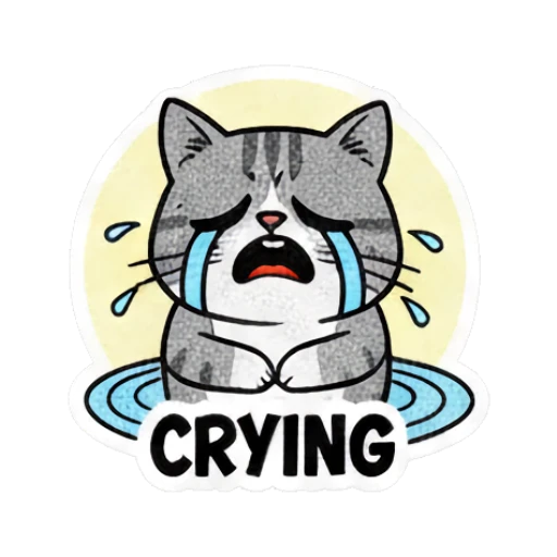 Grey cat sitting in a puddle of tears with text CRYING Grumpy Grey Cat Daily Moods sticker for expressive chats and social replies.