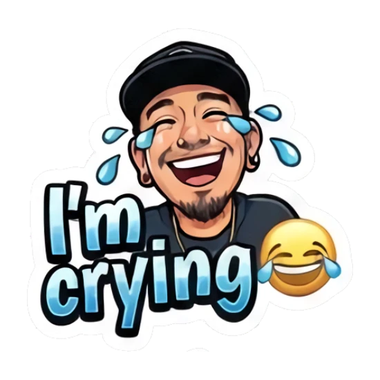 Man laughing hysterically with tears of joy. Cool Guy Daily Vibes sticker for expressive chats and social replies.