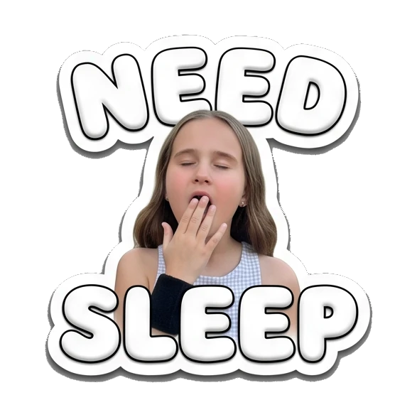 Girl yawning with text NEED SLEEP Cheerful Girl Daily Life sticker for expressive chats and social replies.