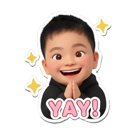 Little boy clapping hands happily with YAY text. Little Boy Daily Expressions sticker for expressive chats and social replies.