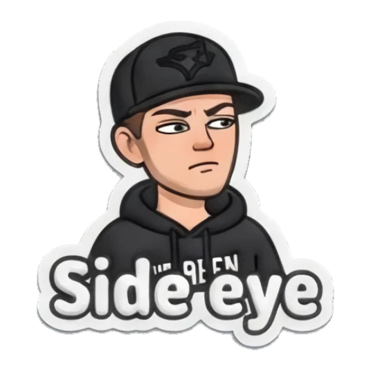 Guy giving side-eye with text Side eye Cool Guy Daily Vibes sticker for expressive chats and social replies.