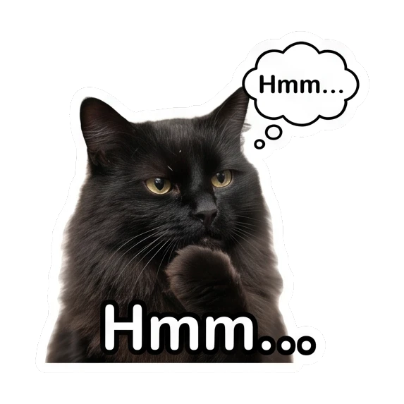 Thinking black cat with paw on chin and text Hmm... Mystic Black Cat Moods sticker for expressive chats and social replies.