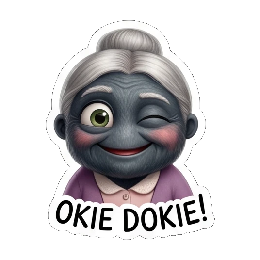 Grandma monster winking and smiling, labeled OKIE DOKIE! Furry Monster Family Life sticker for expressive chats and social replies.