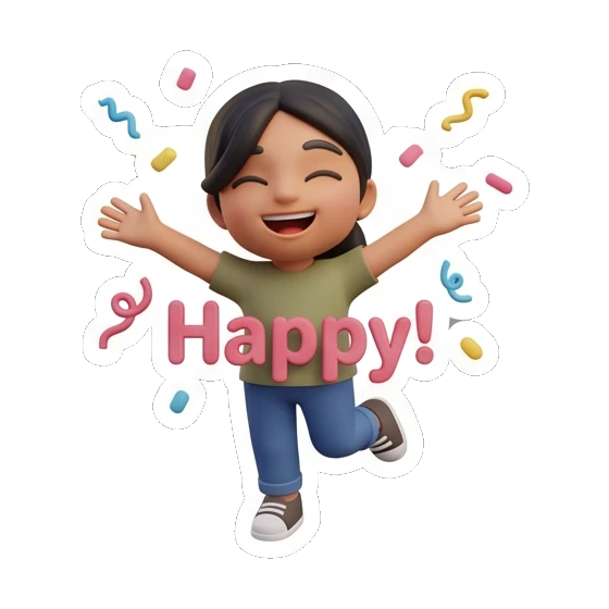 Girl celebrating with confetti and Happy text, joyful. Cheerful Girl Daily Life sticker for expressive chats and social replies.