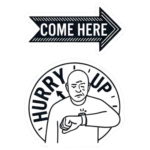 An arrow sign pointing right with 'COME HERE' text Bald Guy Daily Vibes sticker for expressive chats and social replies.