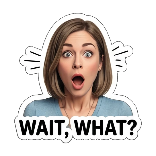 Woman looking shocked with 'WAIT, WHAT?' text Everyday Office Lady sticker for expressive chats and social replies.