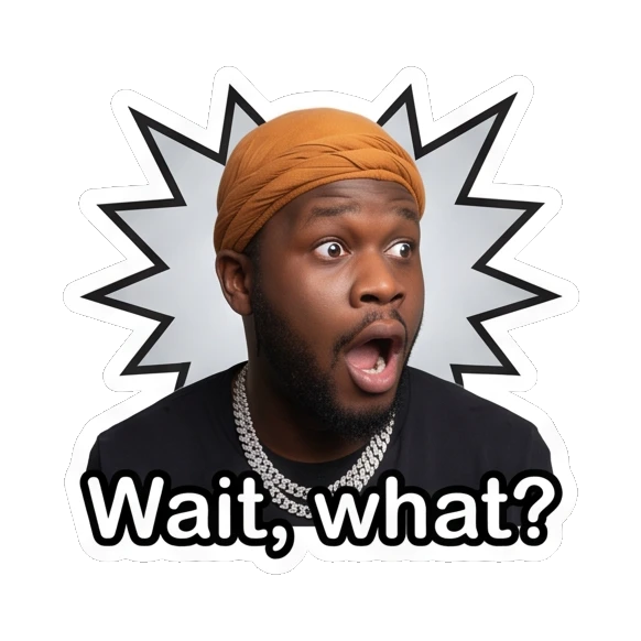 Man in durag looking shocked with wide eyes, text Wait, what? Daily Vibes with Durag Guy sticker for expressive chats and social replies.