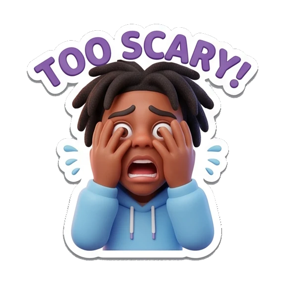Gamer boy scared covering face, text 'TOO SCARY!' Gamer Life Adventures sticker for expressive chats and social replies.