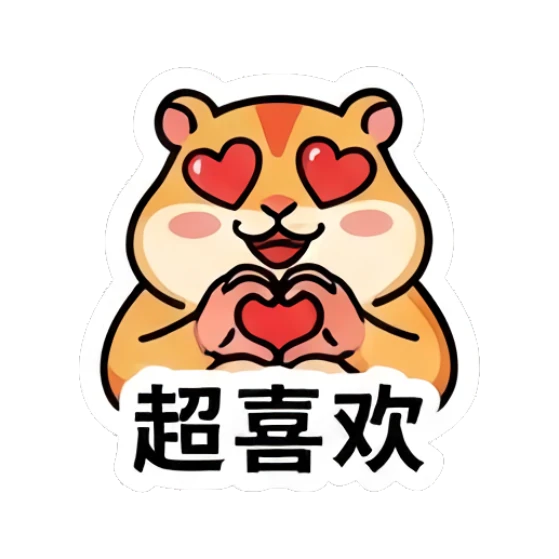 Yellow hamster making a heart shape with eyes and '超喜欢' text Colorful Hamster Vibes sticker for expressive chats and social replies.