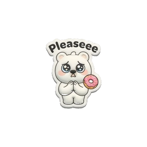 White bear looking pleading with big watery eyes, holding a donut, text says Pleaseee. Puffy Donut Bear sticker for expressive chats and social replies.