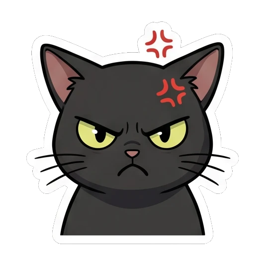 Black cat looking furious with an angry vein symbol on its forehead. Little Black Cat Expressions sticker for expressive chats and social replies.