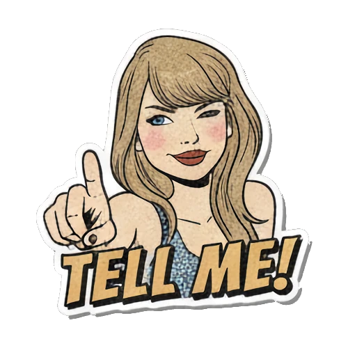 Blonde woman pointing forward with a demanding look and TELL ME! text Retro Pop Diva Vibes sticker for expressive chats and social replies.