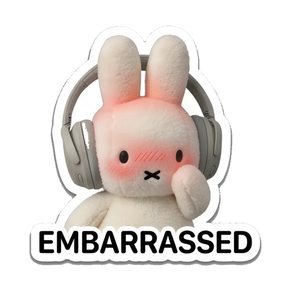 Bunny blushing with shy expression saying EMBARRASSED Music Loving Bunny sticker for expressive chats and social replies.