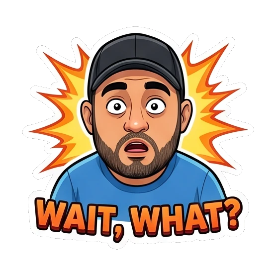 Bearded man looking shocked with a 'Wait, What?' expression. Bearded Guy Daily Vibes sticker for expressive chats and social replies.