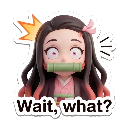 Nezuko looking shocked with a 'Wait, what?' expression Nezuko Cute 3D Moments sticker for expressive chats and social replies.
