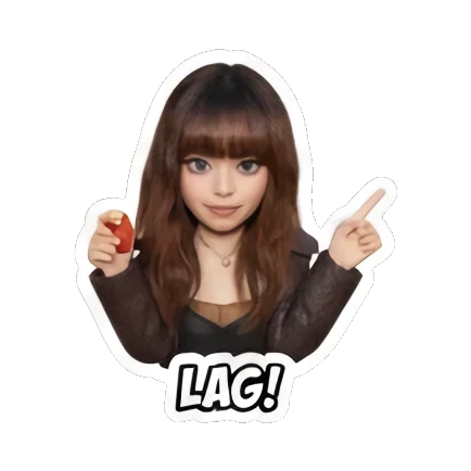 Gamer girl pointing at a screen with 'LAG!' text, annoyed. Gamer Girl Adventures sticker for expressive chats and social replies.