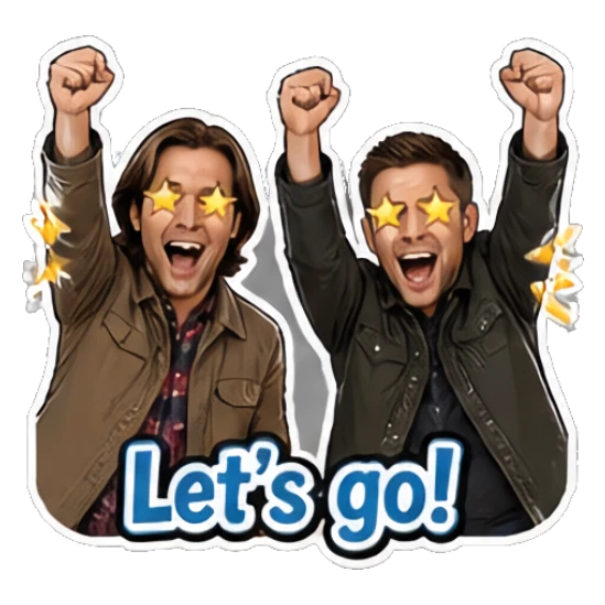 Two men cheering with star eyes and raised arms, text 'Let's go!' Supernatural Duo Vibes sticker for expressive chats and social replies.