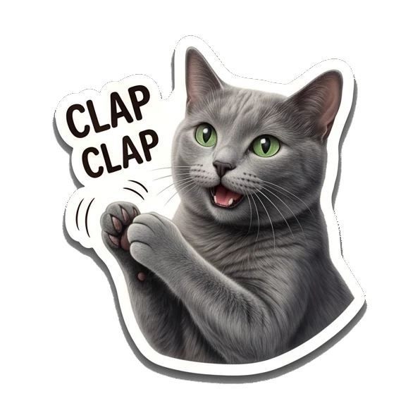 Gray cat clapping paws enthusiastically, text CLAP CLAP Gray Cat Daily Vibes sticker for expressive chats and social replies.