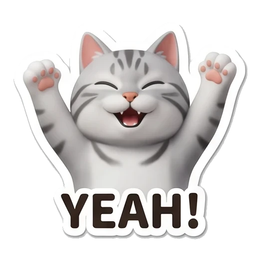 Gray tabby cat with arms raised in excitement with YEAH text Cheerful Gray Tabby Cat sticker for expressive chats and social replies.