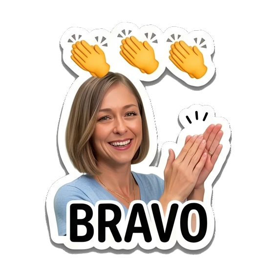 Woman clapping hands in approval, text BRAVO Everyday Expressions of Sarah sticker for expressive chats and social replies.