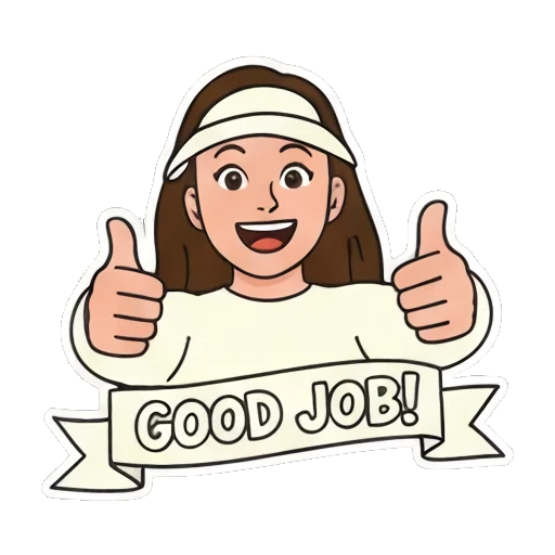 Happy woman giving thumbs up, "GOOD JOB!" Visor Girl Expressions sticker for expressive chats and social replies.