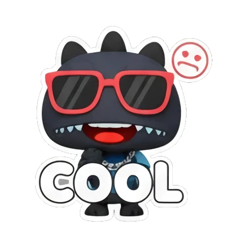 Black monster wears red glasses with COOL text. Little Black Monster Moods sticker for expressive chats and social replies.