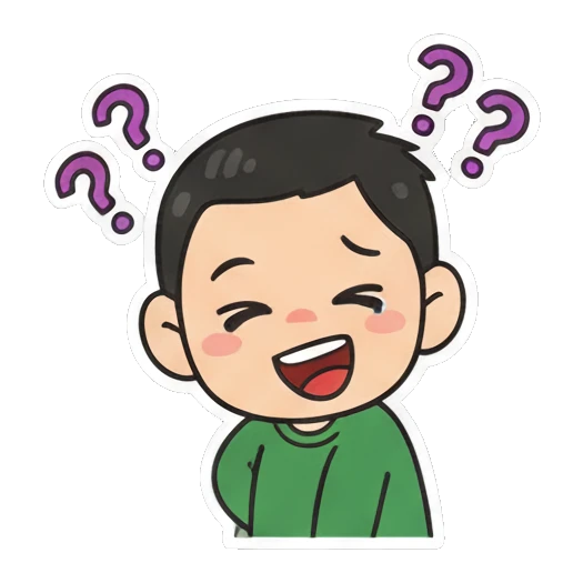 Boy looking confused with question marks Cheerful Green Shirt Boy sticker for expressive chats and social replies.