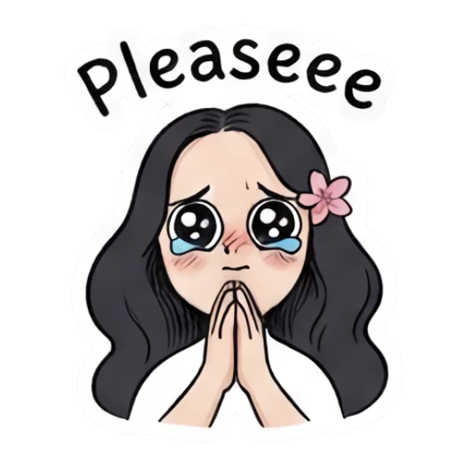 Girl begging with pleading eyes and hands together, text Pleaseee Charming Girl Daily Expressions sticker for expressive chats and social replies.