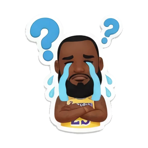 詹姆斯双手抱胸流泪，表情委屈，上方有问号装饰 King James Court Vibes sticker for expressive chats and social replies.