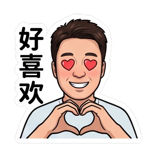 Man forming heart shape with hands, eyes as hearts, text '好喜欢' Everyday Life of a Friendly Guy sticker for expressive chats and social replies.