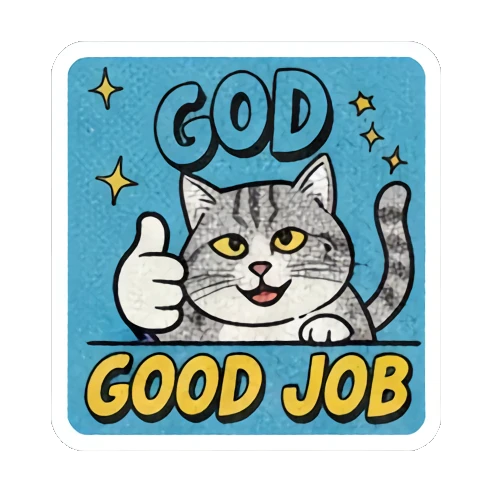 Thumbs up cat, "GOOD JOB" Retro Cat Reactions sticker for expressive chats and social replies.