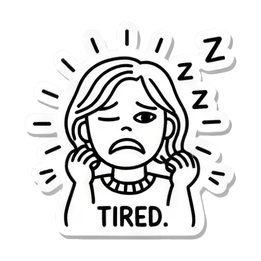 疲惫女孩，文字TIRED Line Art Emotion Stickers sticker for expressive chats and social replies.