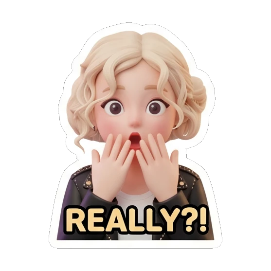 金发女孩双手捂嘴，表情震惊，文字REALLY?! Blonde Rocker Girl Daily sticker for expressive chats and social replies.