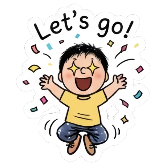 Boy jumping with excitement and star eyes saying Let's go!. Daily Life of a Cartoon Boy sticker for expressive chats and social replies.