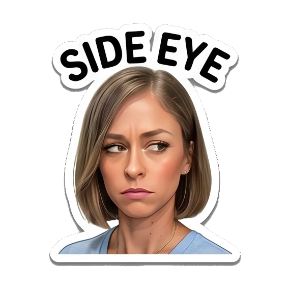 Woman giving a skeptical side eye, text SIDE EYE Everyday Expressions of Sarah sticker for expressive chats and social replies.