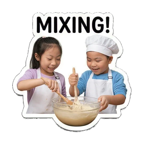 mixing batter in bowl Little Chefs Cooking Adventures sticker for expressive chats and social replies.