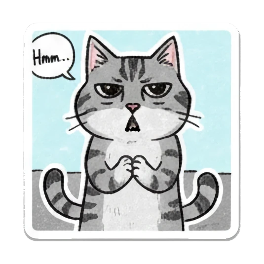 Tabby cat thinking with a neutral expression and text Hmm. Doodle Tabby Cat Daily sticker for expressive chats and social replies.