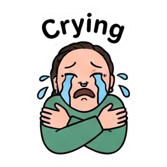 Girl crying with blue tears, hugging herself, text Crying. Daily Vibe Girl sticker for expressive chats and social replies.