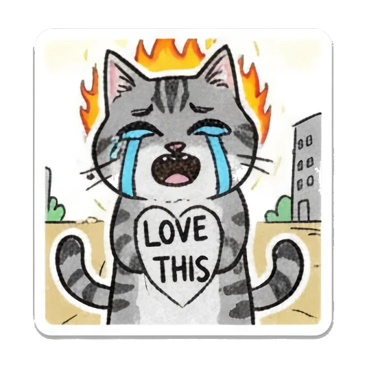 Tabby cat crying with fire behind it and text LOVE THIS. Doodle Tabby Cat Daily sticker for expressive chats and social replies.