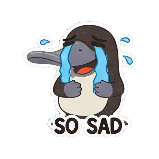 Crying platypus with blue tears and SO SAD text Playful Platypus Pals sticker for expressive chats and social replies.