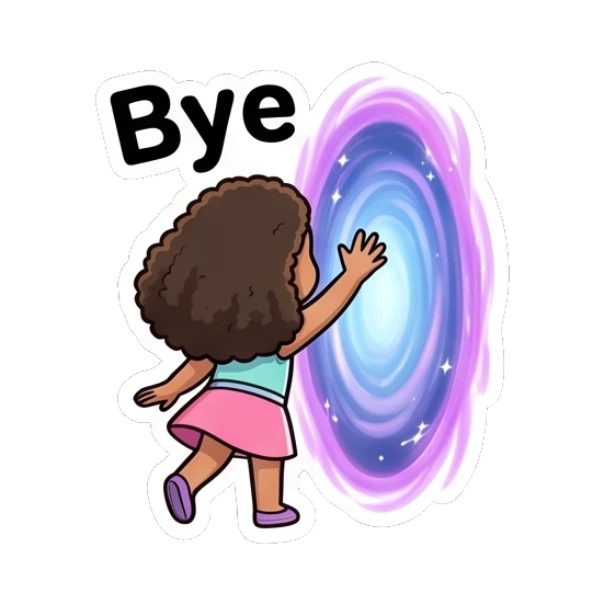 卷发女孩挥手告别，走进传送门 Curly Haired Girl Expressions sticker for expressive chats and social replies.