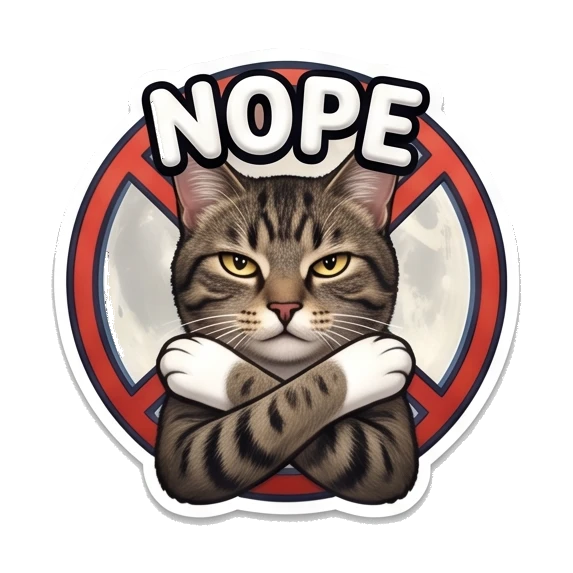 Tabby cat with crossed arms looking stern, text says NOPE. Cosmic Tabby Adventures sticker for expressive chats and social replies.