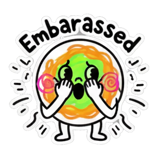 Spaghetti character looking embarrassed with 'Embarrassed' text. Spaghetti Doodle Pals sticker for expressive chats and social replies.