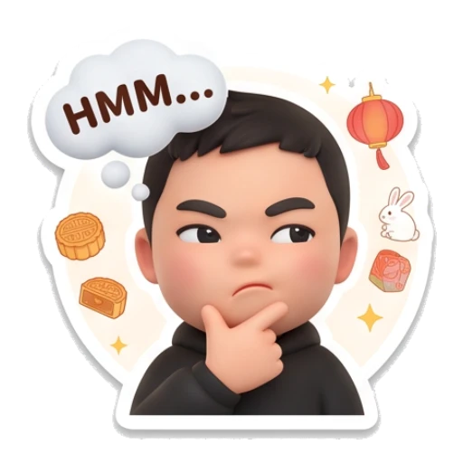 Boy thinking with hand on chin with text HMM Mid-Autumn Boy Expressions sticker for expressive chats and social replies.