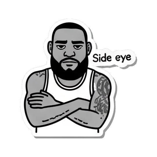 Basketball player looking sideways with suspicious expression, text Side eye. King James Pop Art Vibes sticker for expressive chats and social replies.