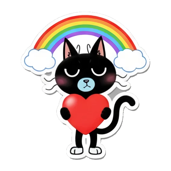 Black cat holding a heart under a rainbow Playful Black Cat Daily Life sticker for expressive chats and social replies.