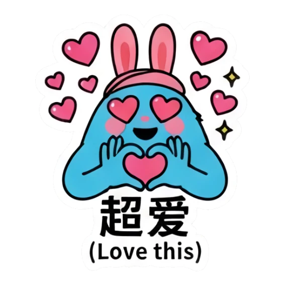 Blue bunny making a heart shape with hands, eyes as hearts. Blue Bunny Moods sticker for expressive chats and social replies.